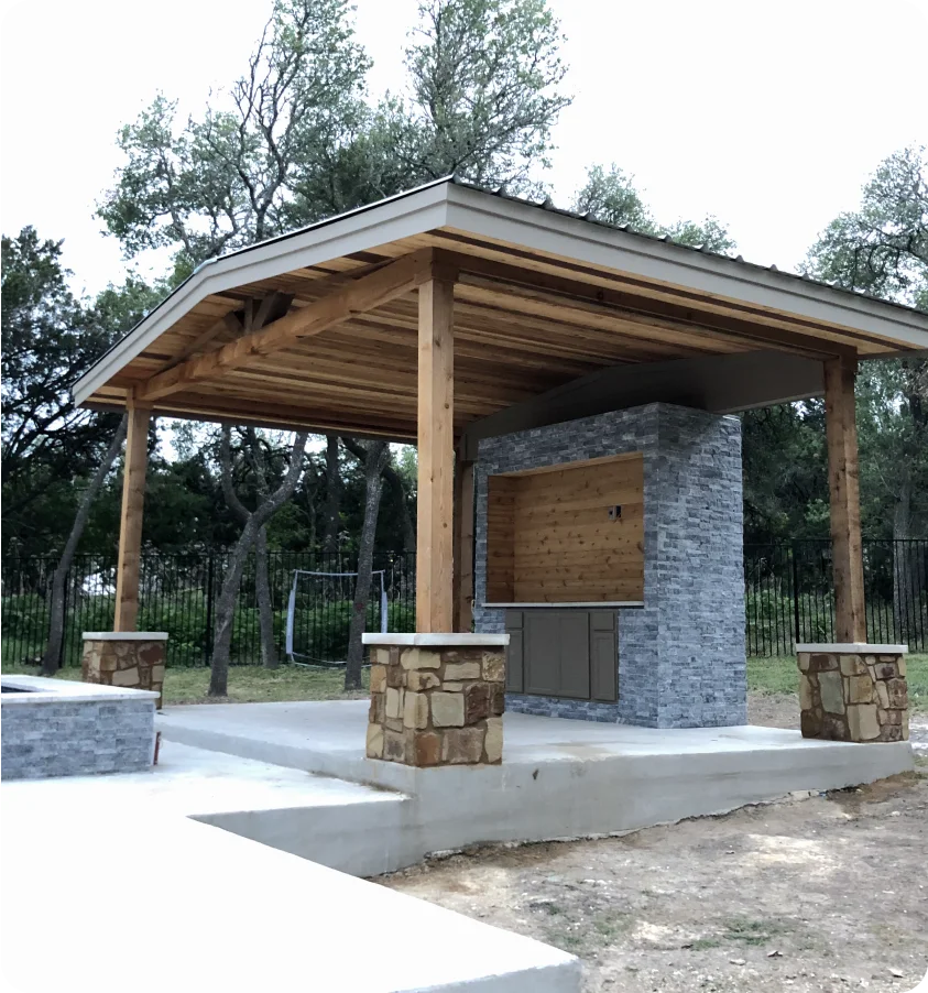 Custom pergola in the process of construction, built by J&L Hardscapes.