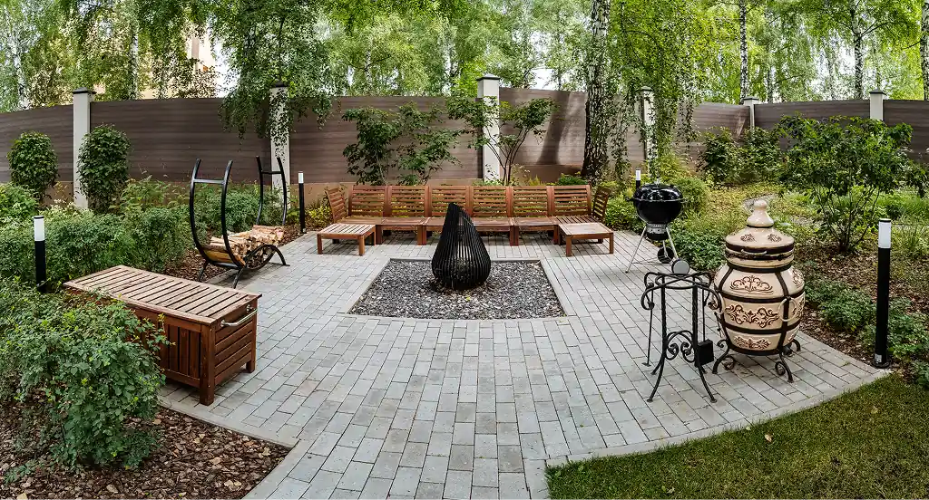 Austin patio with fire pit installation and outdoor seating area